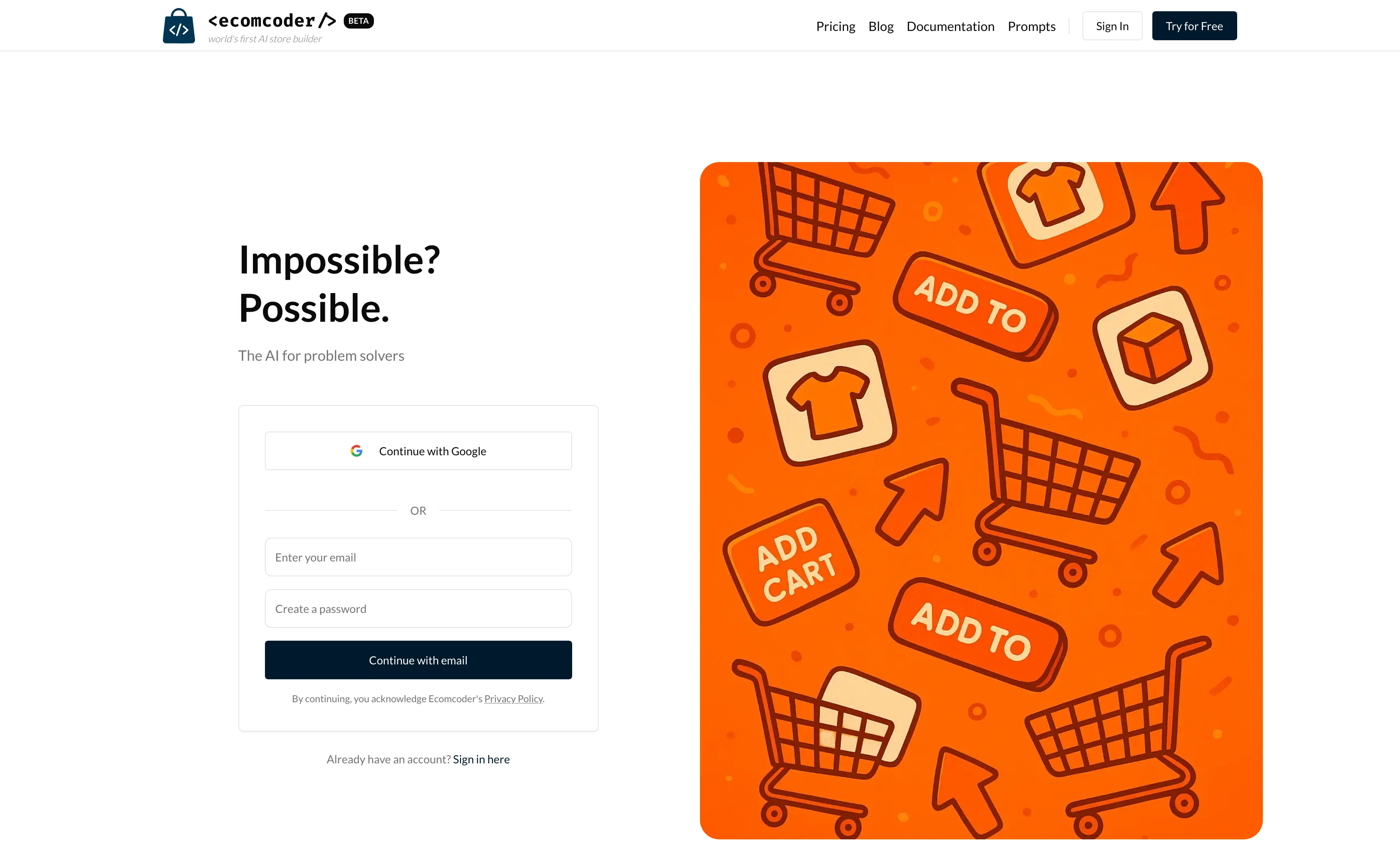 Sign-up form with email and password fields