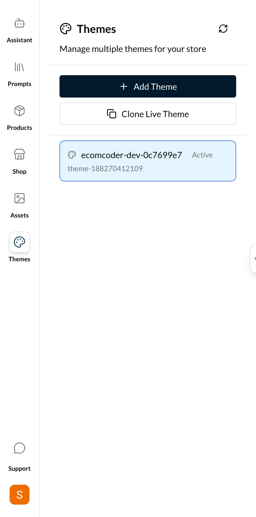 Themes tab showing theme list with active/draft badges